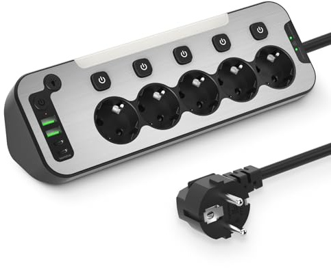Regleta Enchufes Esquina con USB C,5 Tomas Enchufe Multiple Proteccion Sobretension,Ladron Interruptore Individuale,Regleta Escritorio Panel Frontal de Metal Encimera Cocina Alargador 2M Cable,Negro