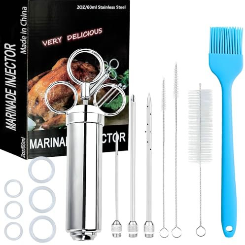 PEOUWNES 304-Stainless Steel Meat Injector Syringe Kit with 3 Marinade Needles for BBQ Grill Smoker, Turkey, Beef, Brisket, Fish, 2-oz Large Capacity, Silicone Brush and Cleaning Brush
