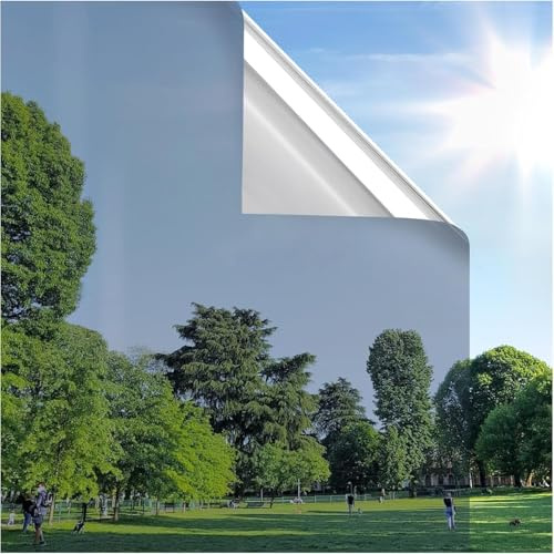rabbitgoo Vinilos Espejo para Ventanas Privacidad, Lamina Solar Ventana Anti UV Anti Calor, Vinilos para Cristales Estatico, Removible Reutilizable, para Hogar Oficina Tienda, 75x400cm, Plata
