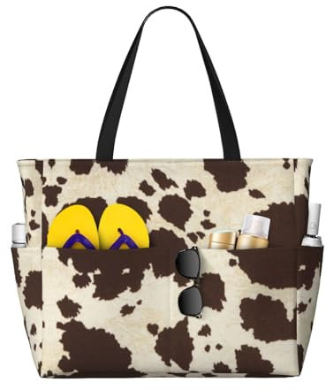 Strandtasche mit Kuhfell-Aufdruck, großes Fassungsvermögen, für Damen, übergroße Tragetasche für Wochenendreisen, Schwarz , Einheitsgröße