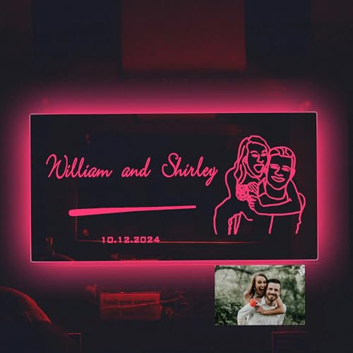 Personalisierte Name Spiegel LED Licht, minimalistische Linie Zeichnung Wandkunst mit Foto, 12 Farbe wechselnden Spiegel Lampe LED Light Up Wall Mirror Schlafzimmer Dekoration Geschenke Geburtstag