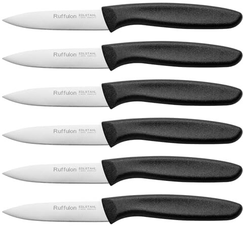 Ruffulon Straight Edge Paring Set of 6, Stainless Steel, Black Plastic Handle, Ultra Sharp for Peeling and Fruit, Rust Prevention