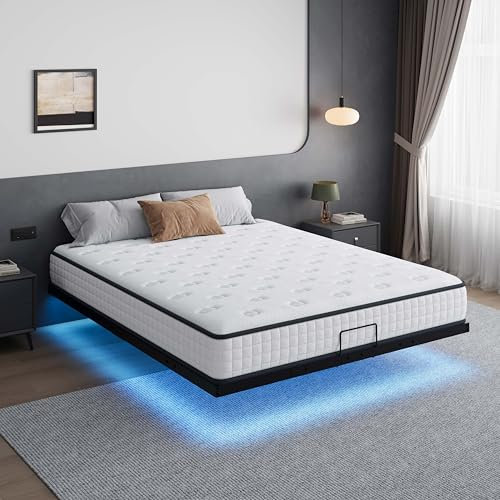 DEWINNER Lit avec sommier 140 x 190cm- Bande Lumineuse LED Hauteur du Cadre de lit 20cm Flottant avec Rangement sous Le 2 Personnes Plateforme en métal - Noir - sans Matelas