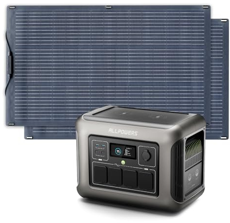 ALLPOWERS R1500 Generador Solar con 2 Paneles solares SF100 de 100 W, batería LiFePO4 de 1152 WH con estación de energía portátil de CA de 1800 W para jardín, Viajes, Camping, RV