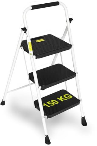HYTAMA Scala a 3 Gradini, Sgabello Pieghevole con Ampio Pedale Antiscivolo, Scala in Acciaio Robusta, Impugnatura Comoda, Leggera, Sgabello Portatile in Acciaio, Bianco Certificata EN14183