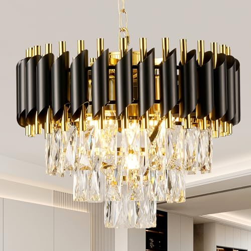 HARPER LIVING Crystal Chandelier, Modern Pendant Ceiling Light with 3-Tier Crystals, Black & Gold Finish, 35-135CM Height Adjustable, 5xE14 Hanging Lamp for Living Room Dining Room Bedroom