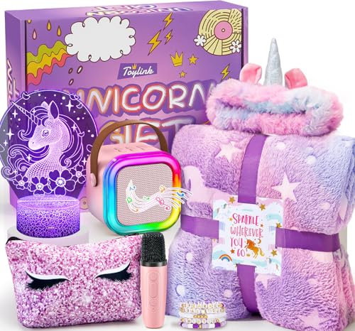Unicorn Gifts for Girls Age 6 7 8 9, Unicorn Kids Karaoke Machines/LED Night Light/Luminous Blanket/Headband/Eye Mask/Bracelet Toys Birthday Presents Gifts Girls Kids 6-12 Year Old