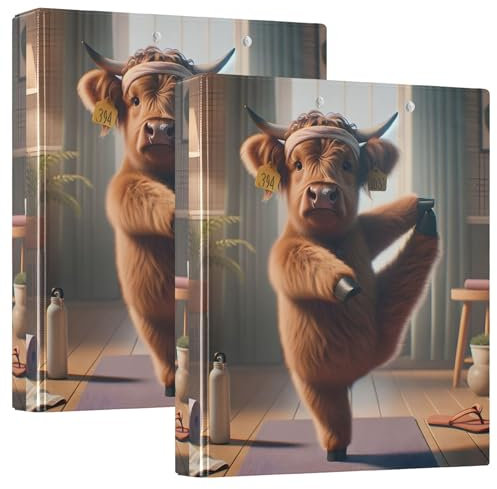 Custom Funny Highland Cow Yoga Animal 3 Ring Binders 1 1/2 Inch Hold 200 Sheets Folders Notebook Print Round Ring Recipe Binder, 12.4x10.63x2.36inch, 1 Pack