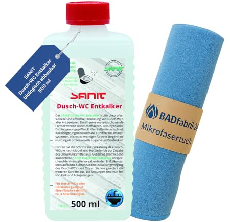 BADfabrik24 SANIT Dusch-WC Entkalker 500 ml + Mikrofasertuch – gebrauchsfertiger Reiniger für alle Dusch-WC-Modelle – kalklösend & materialschonend – umweltfreundliche Pflege im Set