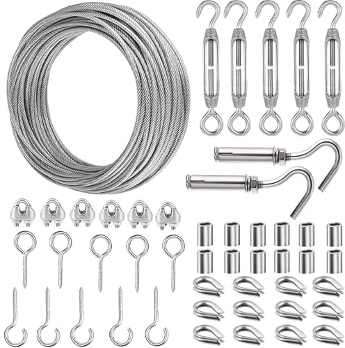 WYIPOLZI 48pcs Garden Wire - 30m/2mm Stainless Steel, M5 Turnbuckle Tensioner, Wire Rope Kit, Fence & Cable Railing Kit