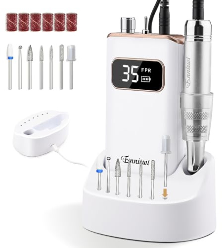 Enniewi Ponceuse pour Ongles Professionnel avec Station de Charge Auto, Recharge à Tout Instant, 35000RPM Sans Fil pour Gel Acrylique, Kit Manucure 7 Embouts Portable pour Salon Maison, Blanc