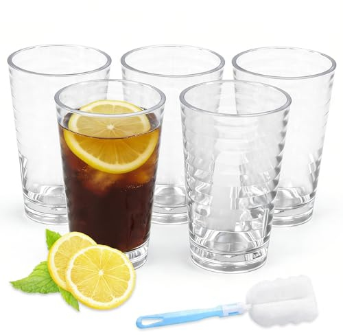 WEFHEF 5 Pcs Verre Plastique Dur Réutilisable, Verre à Eau Empilable, Gobelet Transparent en Acrylique, Tasse Camping Incassable 13.7x8 cm, avec Brosse de Nettoyage, pour Fête Pique-nique Jus Cocktail