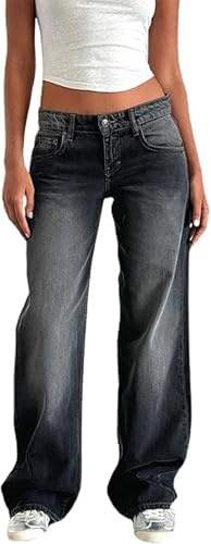 Baggy Jeans Damen Y2k Straight Leg Jeans Damen Niedrige Taille Stretchy Gerades Bein Loose Denim Hose Casual Low Waist Baggy Freizeithose Streetwear