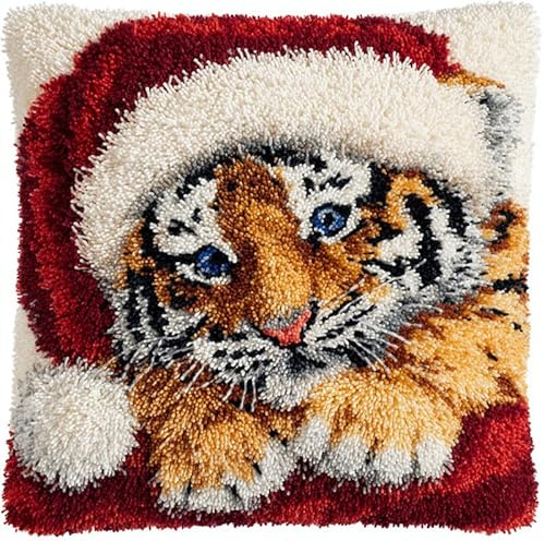 Taxpy Diy Knüpfkissen Zum Selber Knüpfen Set, Kleiner Tiger Mit Weihnachtsmütze,43X43Cm Knüpfhaken-Set Kissenbezug Knüpfteppiche Set Kissen Knüpfen Latch Hook Kit Handgemachte Geschenke Für Kinder