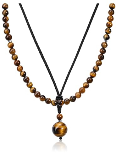 PiercingJak 2PCS Tigerauge Halskette Herren Perlenkette Schwarz Schnur Kette mit Kugel Steine Perlen Anhänger Männer Kristallkette Heilsteine Schmuck Schutz Spirituelle Geschenk für Mann Jungen
