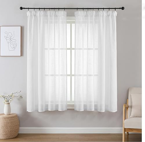 Joydeco Cortinas Visillos Translúcidas de Aspecto Lino con Cinta Fruncidora para Riel 2 Piezas, Visillos Cortas Semitransparente 140x175cm Paras Ventana Habitación Dormitorio - Blanco