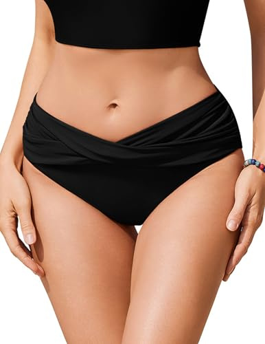 Ekouaer Women's Bikini Bottoms Swim Pants Twist Front Ruched Swimsuit Basic Swimwear Black M