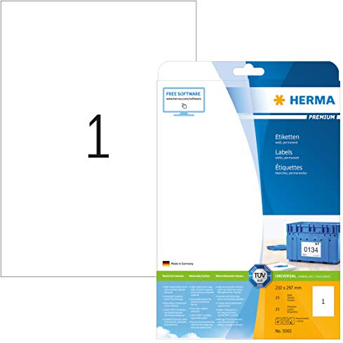 HERMA 5065 universella etiketter A4 stora (210 x 297 mm, 25 ark, papper, matt) självhäftande, utskrivbara, permanenta adressetiketter, 25 klistermärken, vit