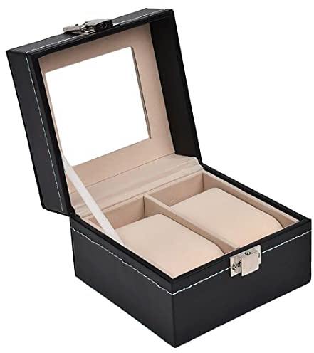 Sinoba Uhrenkoffer Uhrenbox Schaukasten Uhrenkasten Uhrenvitrine für 2 Uhren Leder-Look Echtglas-Fenster