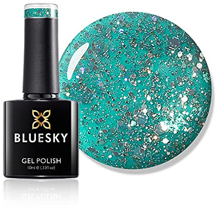 Bluesky Gel Nail Polish, Teal Blue Green Blz10, Blue, Chunky Glitter, Dark, Teal, Long Lasting, Chip Resistant, 10 ml (Requires Drying Under UV LED Lamp)