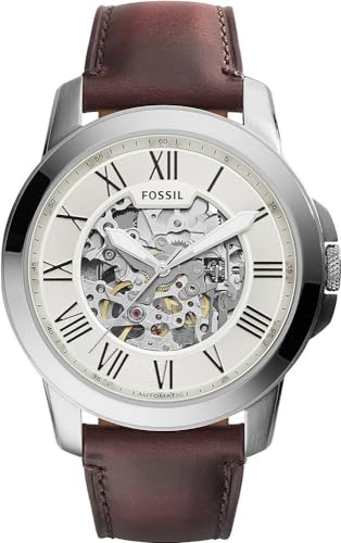 Fossil Orologio Grant da uomo, movimento meccanico automatico, cassa in acciaio inossidabile argento da 45 mm con cinturino in pelle, ME3099