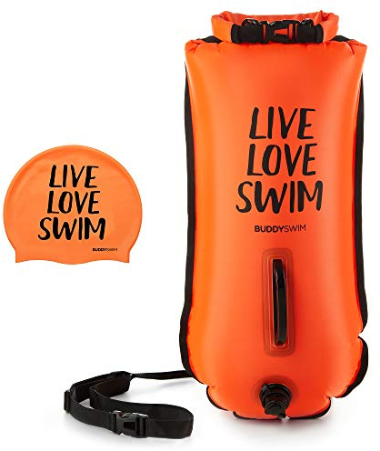 Buddyswim Set Freiwasser Schwimmboje 28 Liter und Badekappe. Sicherheitsschwimmboje für das Schwimmen im offenen Wasser Schwimmhilfe mit wasserdichtem Beutel und Silikonkappe. Orange