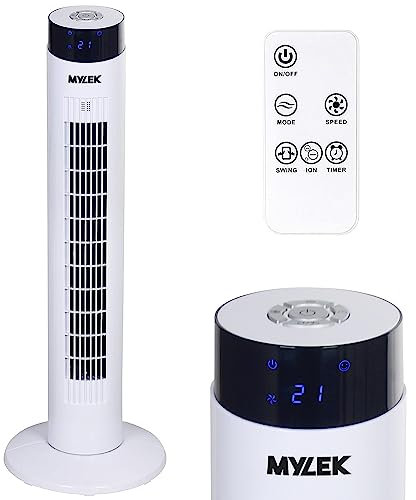 MYLEK Tower Fan 34 Inch Oscillating Slim Floor Standing Cool Air Circulator, Remote Control, Timer, Ioniser, Quiet, 3 Cooling Settings, Temp Display, Bedroom, Home Or Office (White)
