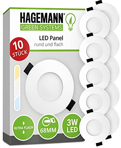 HAGEMANN® 10 x LED Einbauleuchte 3 Watt 300lm – Ø 68 mm Bohrloch – 230V LED Panel rund flach Kaltweiß (6000 K)