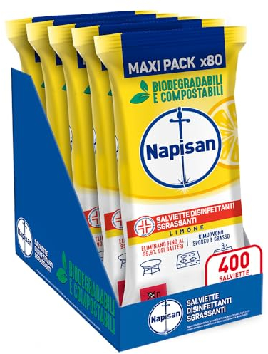 Napisan Salviette Disinfettanti Sgrassanti al Limone, Confezione da 5 Pacchi x 80 Salviette Disinfettanti Biodegradabili e Compostabili Multisuperfici