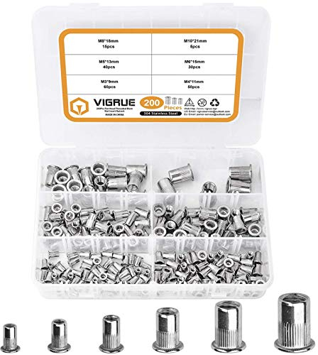 VIGRUE 200Stk Nietmuttern Sortiment M3 M4 M5 M6 M8 M10 Nietmutter A2-70 Edelstahl Werkzeug Flachkopf Gewinde Rivet Nutsert Cap Muttern Nietmutter Sortiment Set mit Aufbewahrungsbox