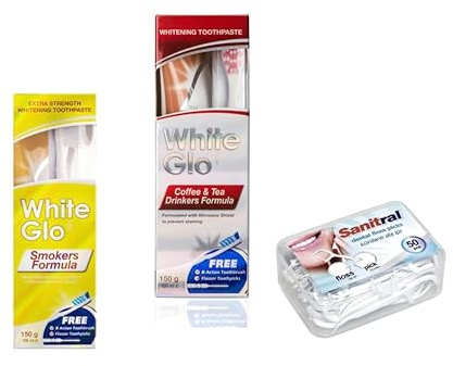 White Glo Smokers and Coffee + Tea Drinkers Formula Toothpaste 100 ml Set of 2 (with Sanitral 50 Pcs Dental Floss Stick Included as a Gift)