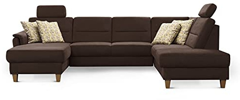 CAVADORE Wohnlandschaft Palera / U-Form Federkern-Sofa mit Schlaffunktion, Stauraum und 2 Kopfstützen / 314 x 89 x 212 / Mikrofaser, Braun