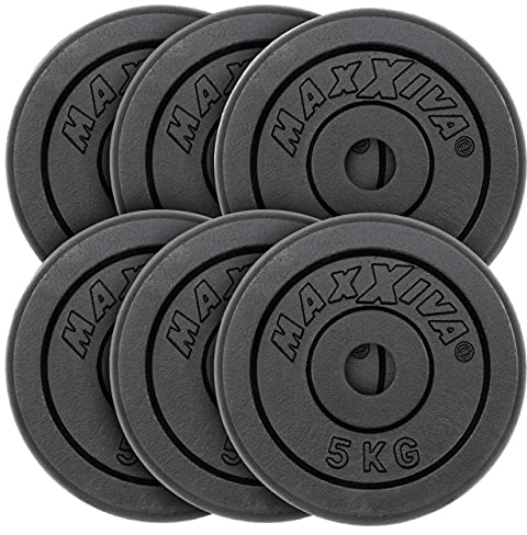 MAXXIVA Hantelscheiben 6er Set Gewichtsplatte je 5 kg Gusseisen schwarz 30 kg Fitness Krafttraining Bodybuilding Workout Gewichtheben Reha