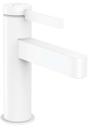 hansgrohe Waschtischarmatur Finoris, Wasserhahn Bad mit Auslauf Höhe 100 mm, mit Push-Open Ablaufgarnitur, Badarmatur wassersparend, Mattweiß
