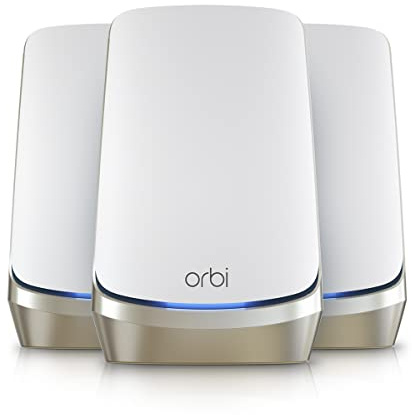 NETGEAR Orbi Quad-Band WiFi 6E Mesh Network System (RBKE963), Router + 2 Satellite Extenders, Security Features, Up to 10.8 Gbps, Coverage up to 9,000 sq. ft., 200 Devices, 10 Gig Internet Port