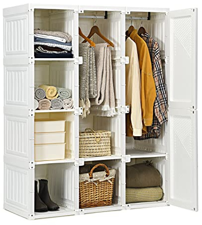 Tangkula Portable Closet Wardrobe, Foldable Clothes Organizer with Cubby Storage, Hanging Rods, Easy Assemble Clothing Storage with Magnet Doors, Folding Bedroom Armoire (8 Cubbies & 2 Rods)