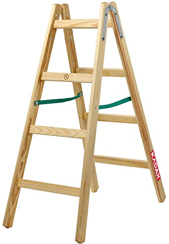 KADAX Scala a Pioli Doppia in Legno di Pino Impregnato, Scaletta Pieghevole con Gancio in Acciaio e Certificata EN 131, Fino a 150 kg (4 Gradini)