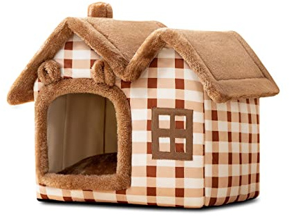 Galatée Katzenhöhlenbett, Warmes Und Gemütliches Plüsch-Katzen-Iglu, Waschbares Hundebett Mit Abnehmbarem Kissenkissen, Verbessert Den Schlaf, Faltbares Katzenhaus(M, Braun)