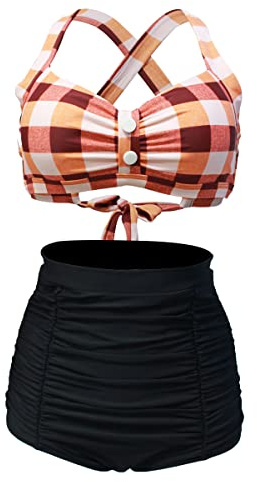 Viloree Dam retro hög midja tvådelad baddräkt tvådelad uppsättning magkontroll grimma bikini set, Orange kakel, M