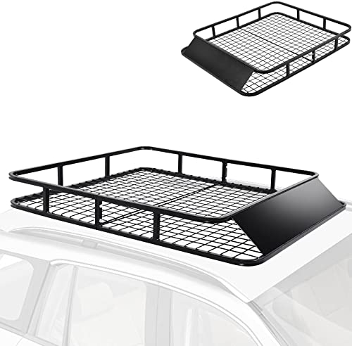 COSTWAY Roof Rack Basket, Steel Rooftop Cargo Carrier Tray with Wind Shield, Universal Car Top Luggage Holder for SUV Truck, 75kg/113kg Capacity (123x102x14cm, 75kg Capacity)
