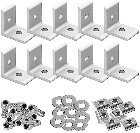 10 Stück Aluprofil Winkelverbinder Set, Aluprofil 40x40 Eckverbinder | 10 Winkelverbinder für 4040-Aluprofile mit 20 M6-Unterlegscheiben, 20 Schrauben und 20 M6-T-Nutensteinen.