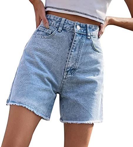 Short bermuda en jean taille haute pour femme, coupe slim jambe droite, ourlet brut effiloché, short en jean uni, pantalon court d'été tendance, short mom boyfriend extensible confortable avec poches