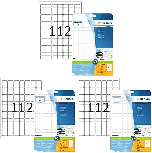 Universal Etiketten, 25 Blatt, 25,4 x 16,9 mm, 112 Stück pro A4 Bogen, 2800 Aufkleber, selbstklebend, bedruckbar, matt, blanko Klebeetiketten aus Papier, weiß (Packung mit 3)