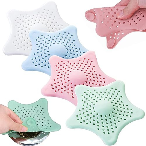 PARENCE.- Lot de 4 Filtres à Evier en Silicone en Forme d'Etoile / 4 Pièces, Grilles Eviers Silicone avec Ventouses - Cuisine, Salle de Bain, Couleurs (Vert, Rose, Bleu, Blanc), 14,5cm