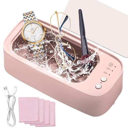 Ultrasonic Cleaner Machine, Portable Ultrasonic Jewellery Cleaner Glasses Cleaner with 3 Cleaning Modes and Timer Pink