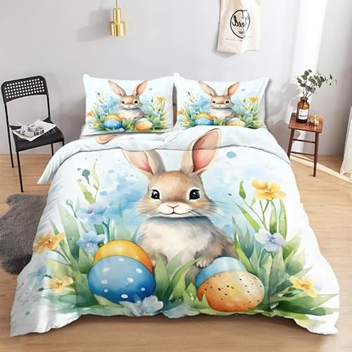 CCZM Bettwäsche 135x200 Frohe Ostern Microfaser Bettbezüge Set Ostereier 3 Teilig, Weich Atmungsaktiv Bettbezug Kaninchen und 2 Kissenbezug 80x80 cm mit Reißverschluss