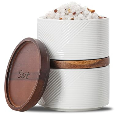 Adewnest Salt and Pepper Bowls: 10 oz Ceramic Stackable Spice Cellar with Wooden Lid - Stacked Seasoning Storage Containers for Countertop Stovetop - Striped, White