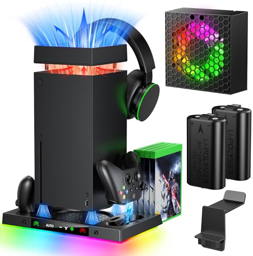 Gorixer AI Cooling Fan with Charging Stand Accessories for Xbox Series X with High Power, Wireless Dual Charger Station for Xbox X Controller, 2 * 1400mAh Rechargeable Battery, Disc Game Storage