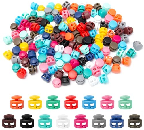 Sxutop 150 stycken sladdlås dubbla hål 5 mm sladdstoppare plast fjädersladdslås rund vipppropp elastisk sladd fästanordningar sladd ändlås för dragsko, skosnör, kläder, ryggsäck, 15 färger, Färgglatt,
