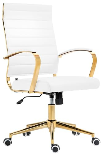 CLP Ergonomischer Bürostuhl Havanna Kunstleder I Höhenverstellbarer Schreibtischstuhl Mit Metall-Gestell In Gold-Optik I 360 Grad Drehbar | Farbe weiß